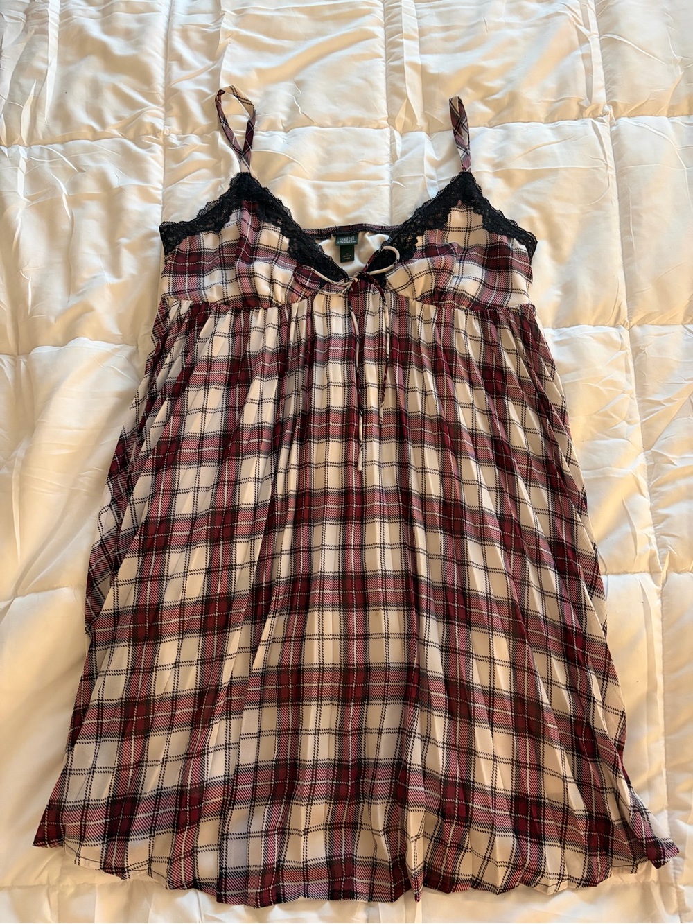 Plaid Lace-Trim Chemise Nightdress in Burgundy and Cream